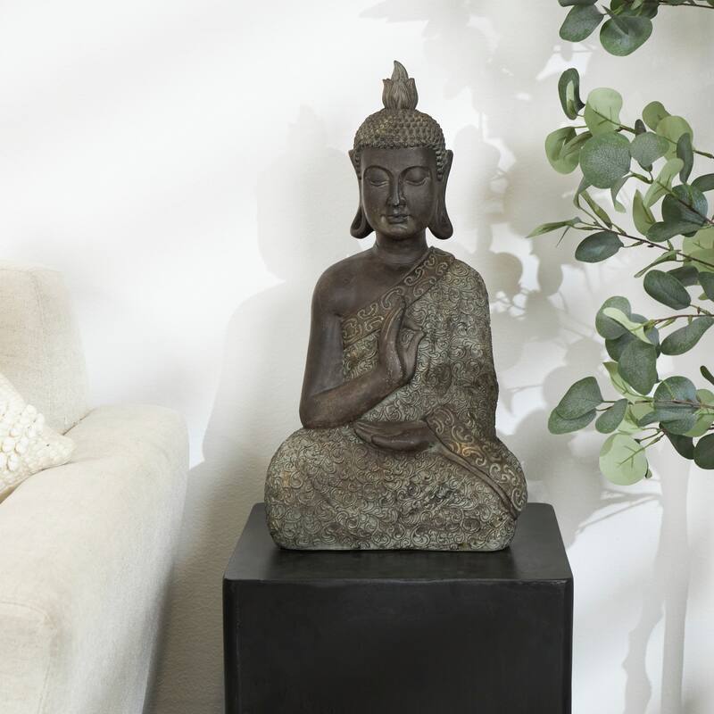 Brown Polystone Meditating Buddha Decorative Sculpture with Engraved Carvings and Relief Detailing