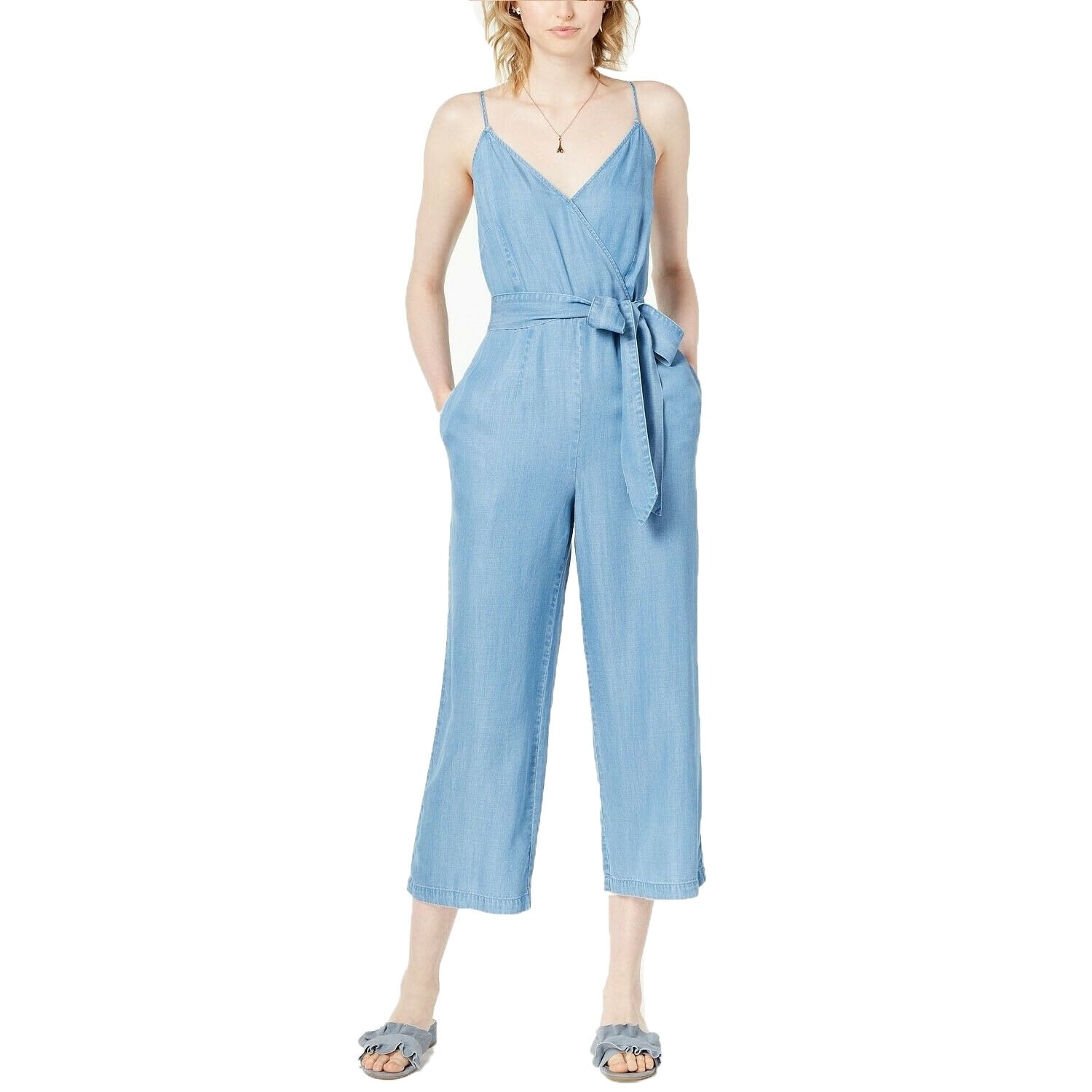 blue v neck jumpsuit