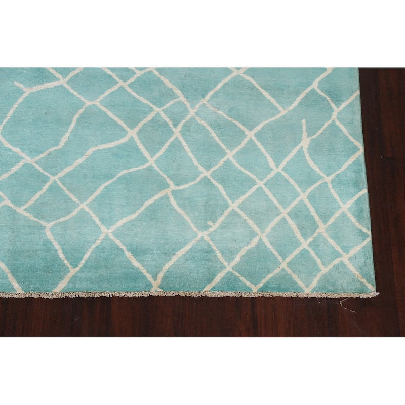 Modern Turquoise Moroccan Vegetable Dye Area Rug Handmade Wool Carpet - 7'9" x 9'10"