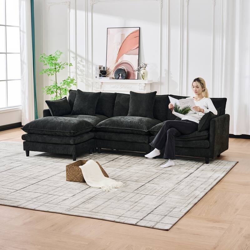 U-Shaped Modular Sectional Sofa, Comfy Deep Seat Cloud Couch with 2 Movable Ottomans, Large 4 Seat Sofa with Pillows