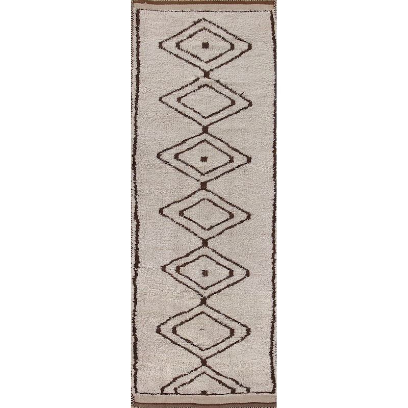 Geometric Beige Anatolian Runner Rug Handmade Wool Carpet - 3'1"x 10'4"