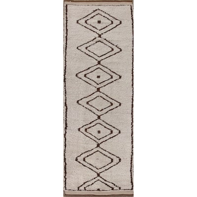 Geometric Beige Anatolian Runner Rug Handmade Wool Carpet - 3'1"x 10'4"