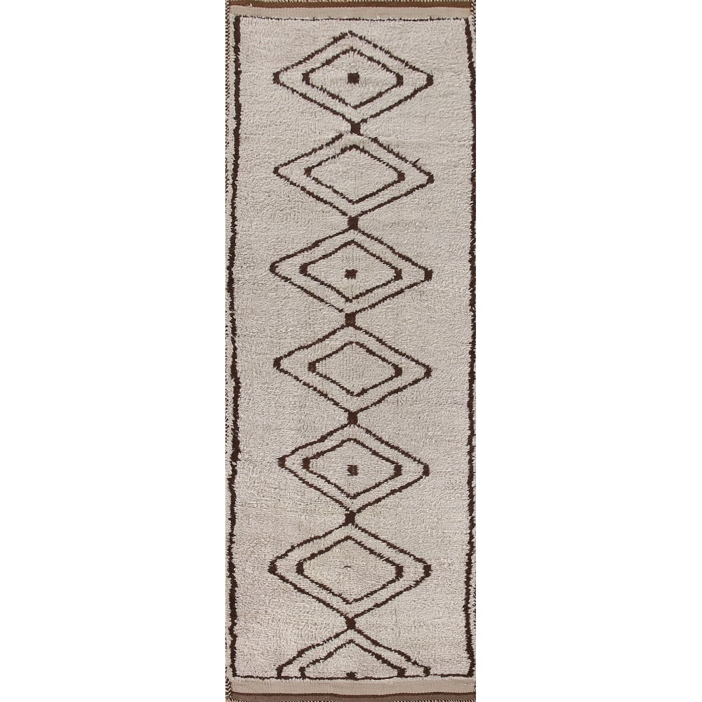 Geometric Beige Anatolian Runner Rug Handmade Wool Carpet - 3'1"x 10'4"