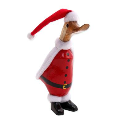 NOVICA Santa Duck, Bamboo root and wood figurine - 7.75" H x 2.8" W x 5" D