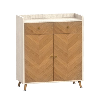 4-Tier Herringbone Wooden Shoe Cabinet - Freestanding Shoe Rack Organizer with 2 Drawers, 2 Doors & Adjustable Shelves.