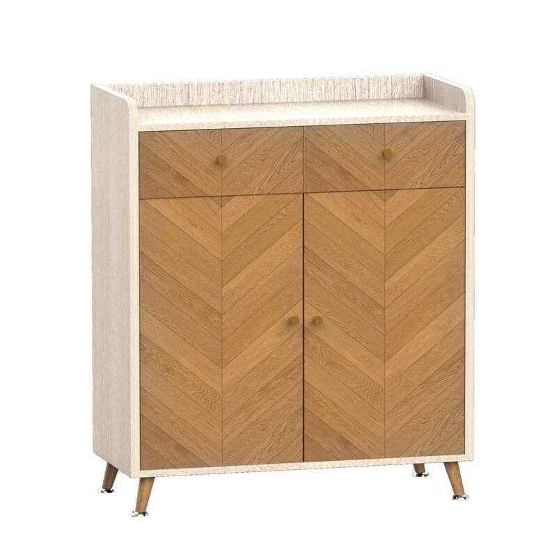 GDFStudio Thatch Shoe Cabinet with Commercial-Grade Laminate Herringbone Storage and Adjustable Shelves - Oak