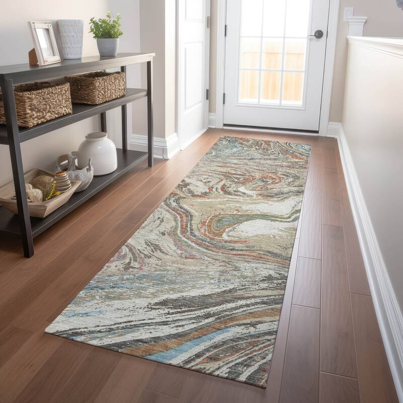 Machine Washable Indoor/ Outdoor Abstract Brushstroke Chantille Rug - Beige - 2'3" x 7'6"