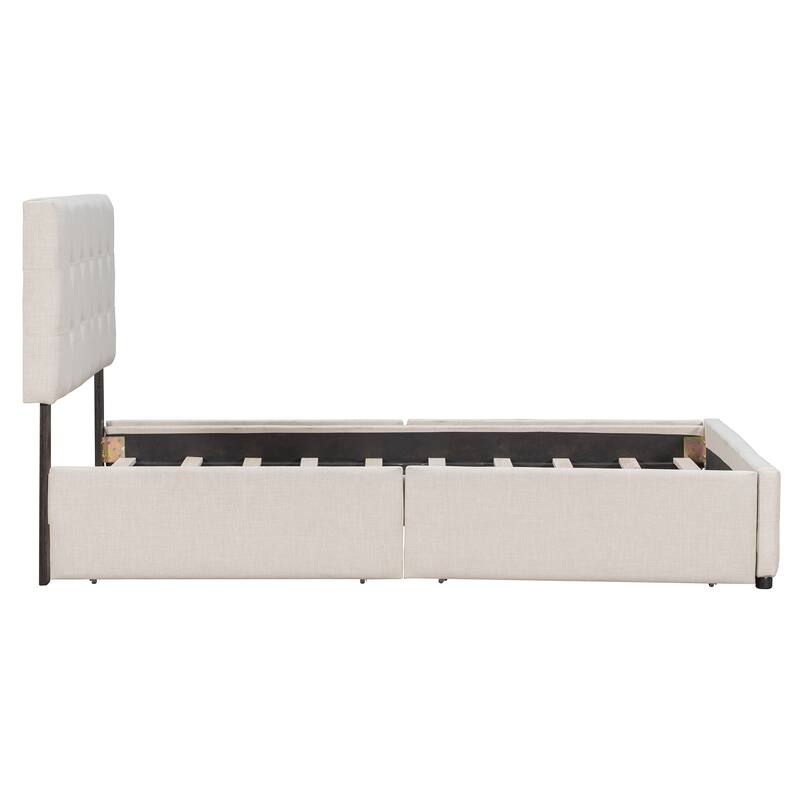 Queen Size Upholstered Platform Bed with Headboard and 4 Drawers, Linen Fabric, No Box Spring Needed