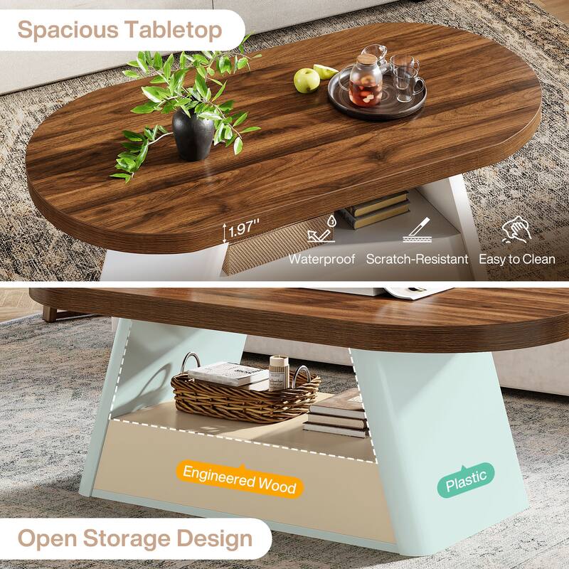 47 Inches Coffee Table with 2-Tier Storage for Living Room - 23.62" D x 47.24" W x 17.72" H