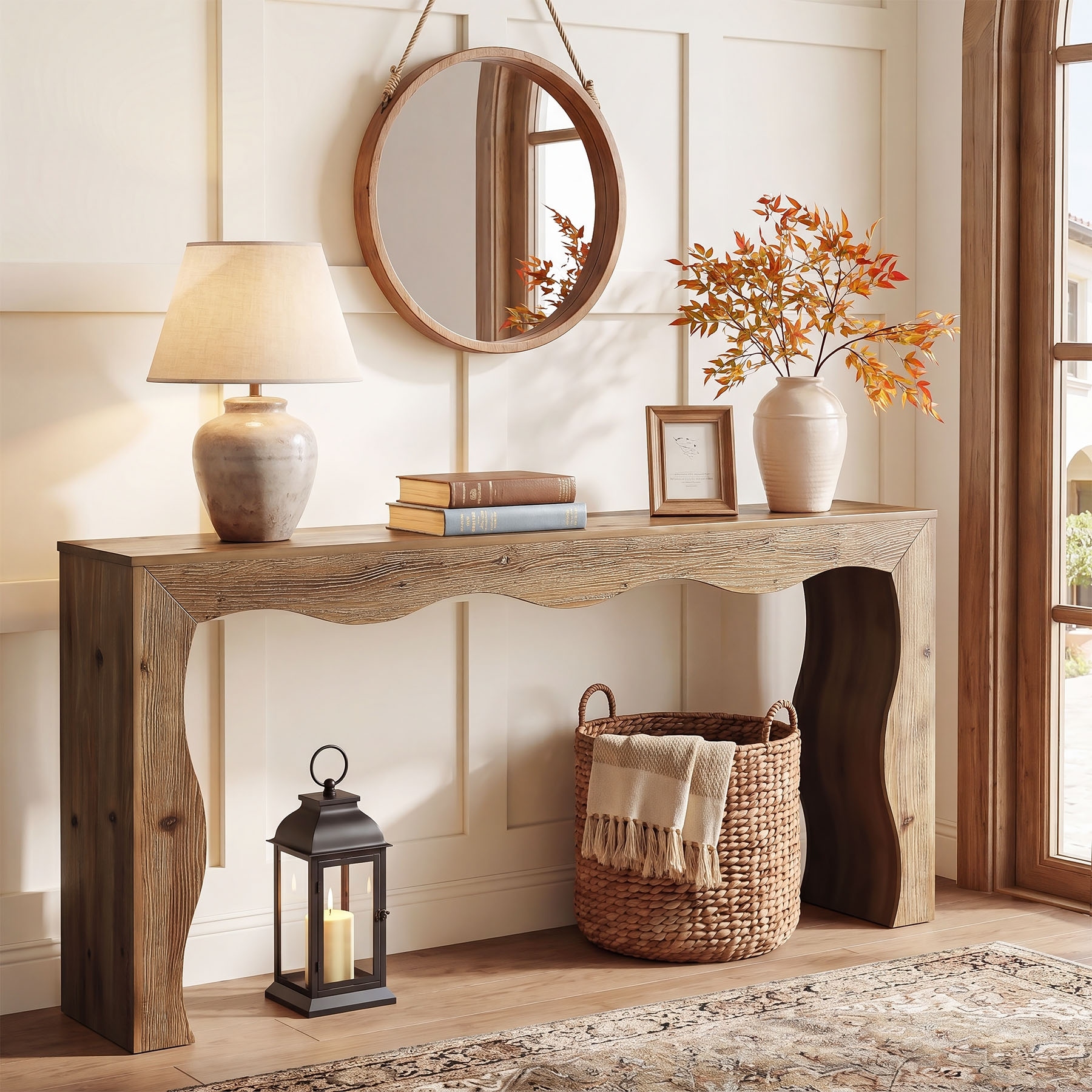 63” Solid Wood Farmhouse Console Table with Curved Legs for Narrow Entryway Hall