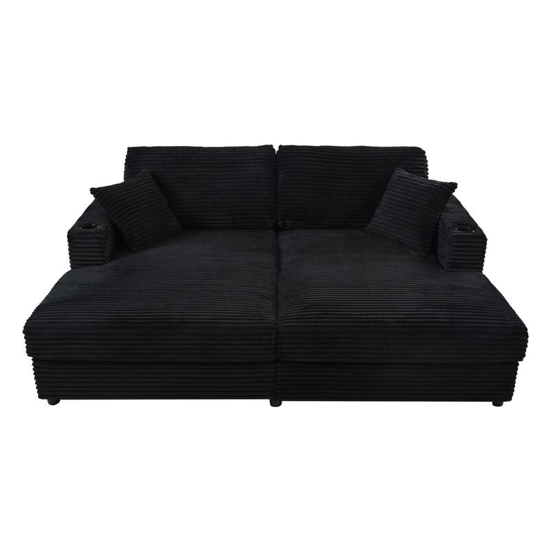 86.5" Corduroy Chaise Lounge Sofa with 2 USB Ports, Cup Holders, and 550lb Capacity