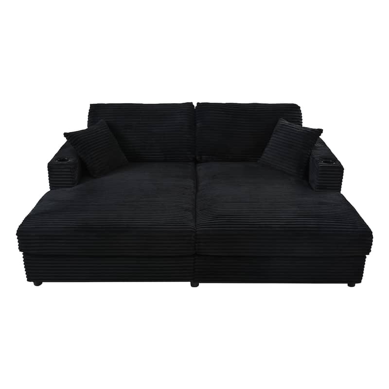 Corduroy Loveseat, Upholstered Deep Seat Sofa Lounge Couch Bed w2 Pillows and 2 Cup Holders 2 USB Ports Recliner Sofa