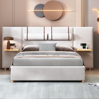 Storage Queen Size Platform Bed with 2 Outlets, 2 Bedside Pillows and Shelves