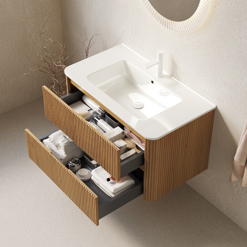 Floating Stripe Bathroom Vanity with Ceramic Sink