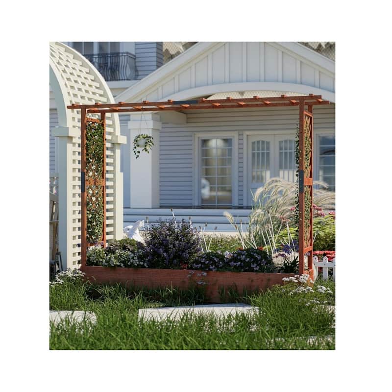 43x17x72Inch Elevated Wooden Garden Bed with Trellis and Hanging Roof Wood Planter Box 4 Drainage Holes