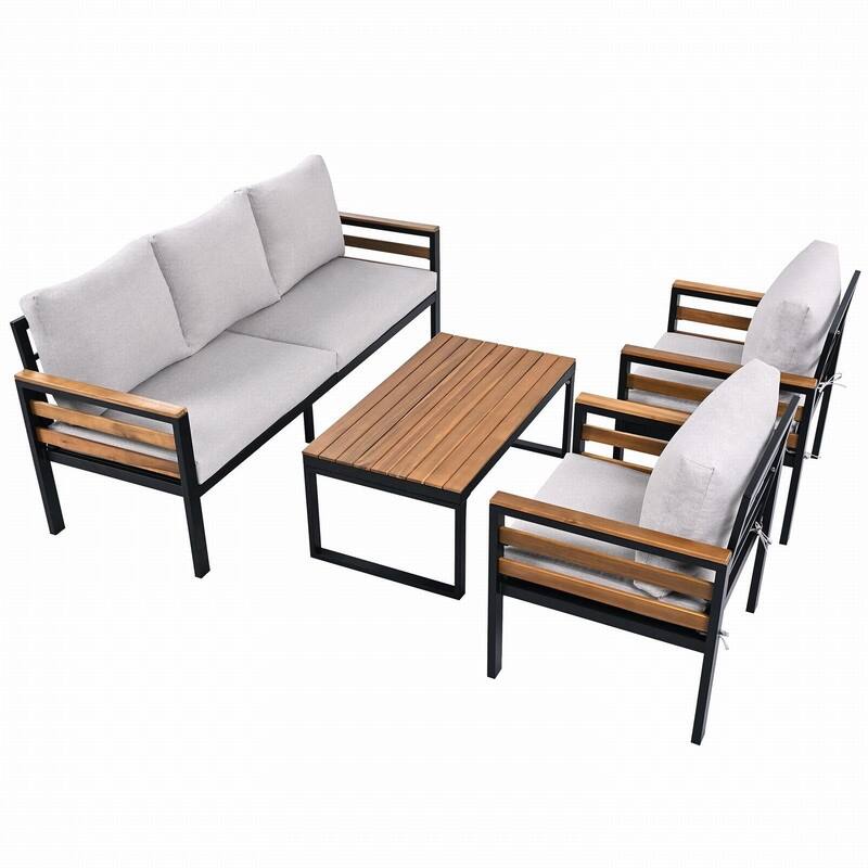 5-Person Outdoor Sofa Set with Acacia Wood Armrests and Removable Cushions