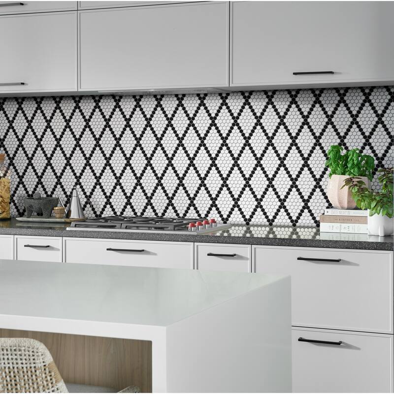 Merola Tile Metro 1" Hex Matte White w/Black Diamond 10-1/4" x 11-7/8" Porcelain Mosaic Floor and Wall Tile - Case (10 Tiles)