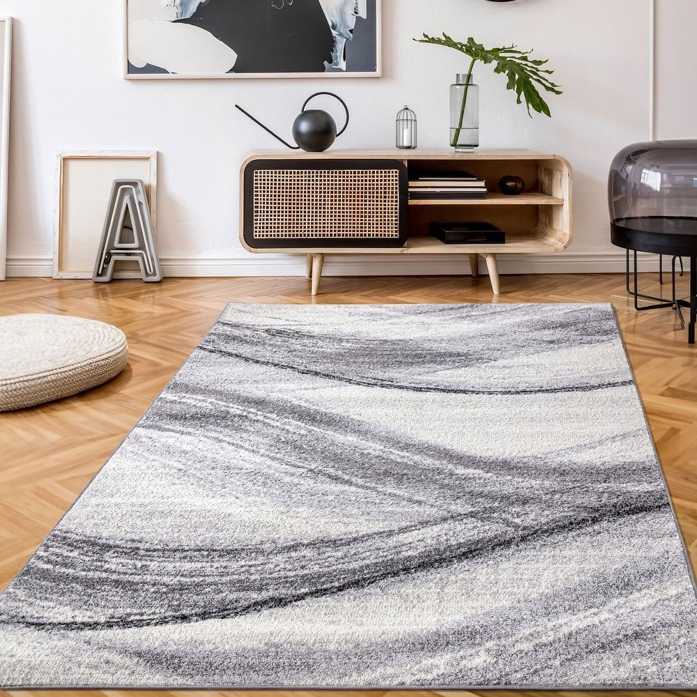 Modern Area Rug with Artistic Waves Design
