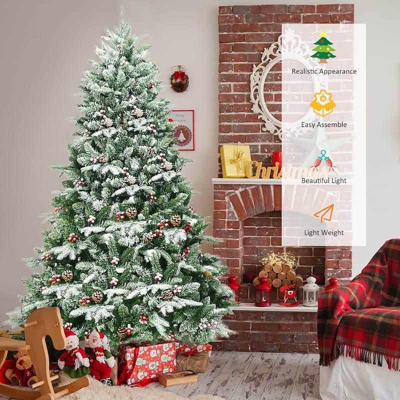 Costway 6.5Ft Pre-lit Snow Flocked Hinged Artificial Christmas Spruce - 6.5 FT