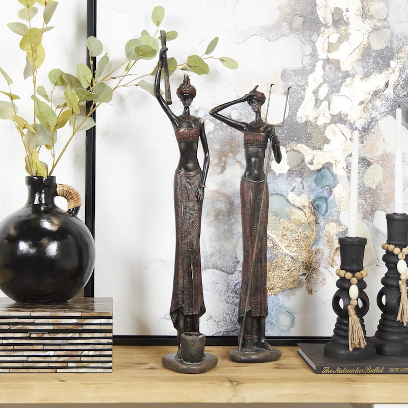 Polystone People Handmade Tall African Women Decorative Sculpture with Carved Dresswear - Set of 2 Red - Roche River Decor