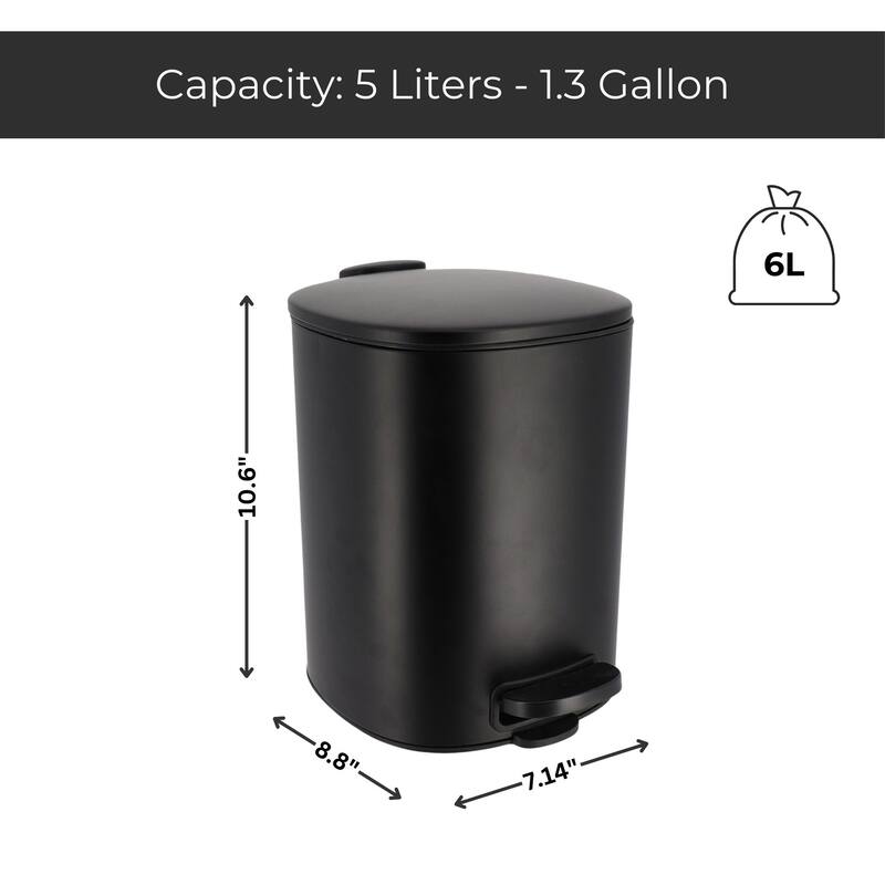 Stylish Metal Trash Can with Silent Soft Close Lid 5L - 1.3 Gal Foot Pedal - 1.3 Gallons