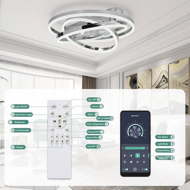 Cusp Barn 24 Inch Low Profile DIY Shape Ceiling Fan with Lights, Flush Mount Silent DC Motor Fandelier, Dimmable LED Lighting
