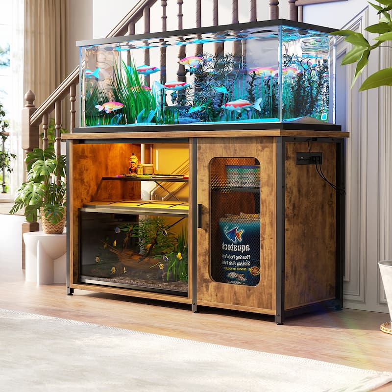 Aquarium Stand with USB Port and LED Light, Fish Tank Stand with Cabinet