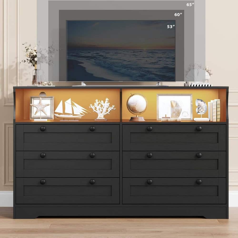 Modern 6 Drawer Dresser for Bedroom with Power Outlet and LED Light