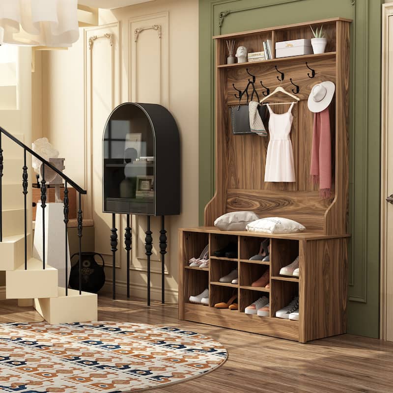 68.5inch Coat Rack Shoe Bench 4 in 1 Hall Tree Entryway Storage Bench
