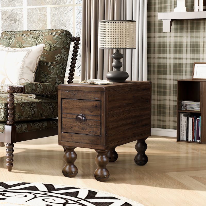 Vintage Rustic Farmhouse Nightstand, Rectangle Narrow Side Table with Drawer, Wooden Table Sides with Solid Wood Legs