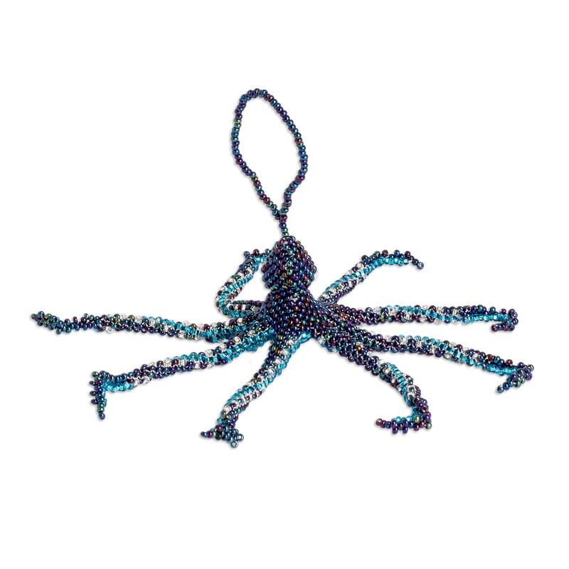 Novica Handmade Blue Aquatic Life Crystal And Glass Beaded Ornament