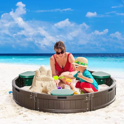 Outsunny Kids Sandbox with Cover and Seats, Round Sandbox for Ages 3-12, Brown - 48.5" x 48.5"x 8.25"
