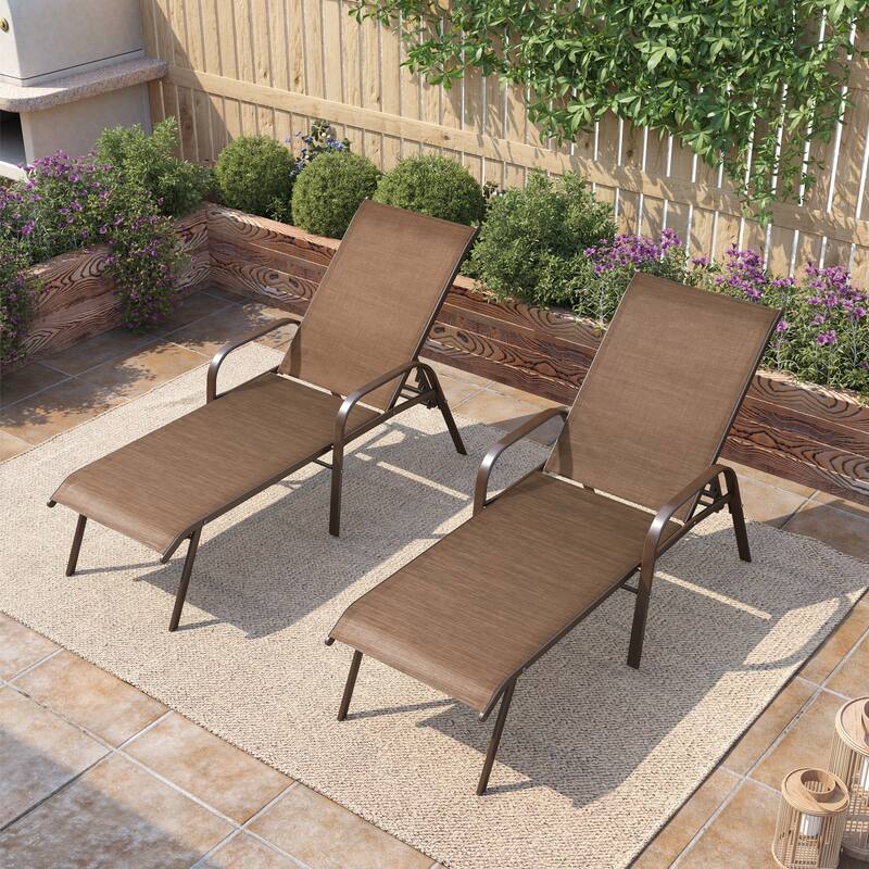 Pellebant Outdoor Adjustable Patio Chaise Lounge Chairs with Armrest Set of 2 - Brown