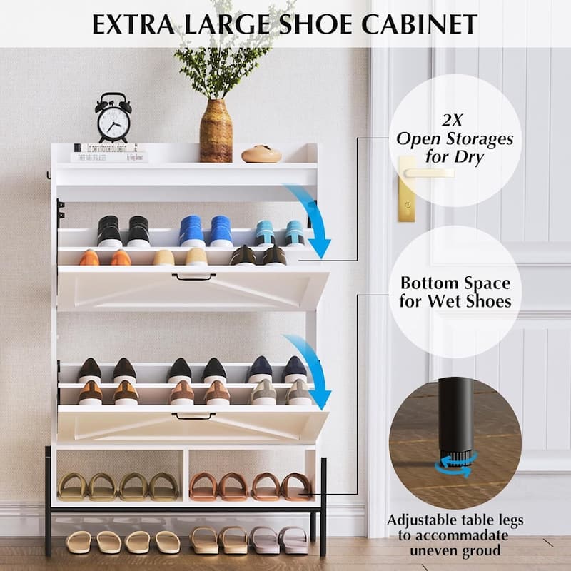 Shoe Cabinet with 2 Flip Drawers and Open Shelves
