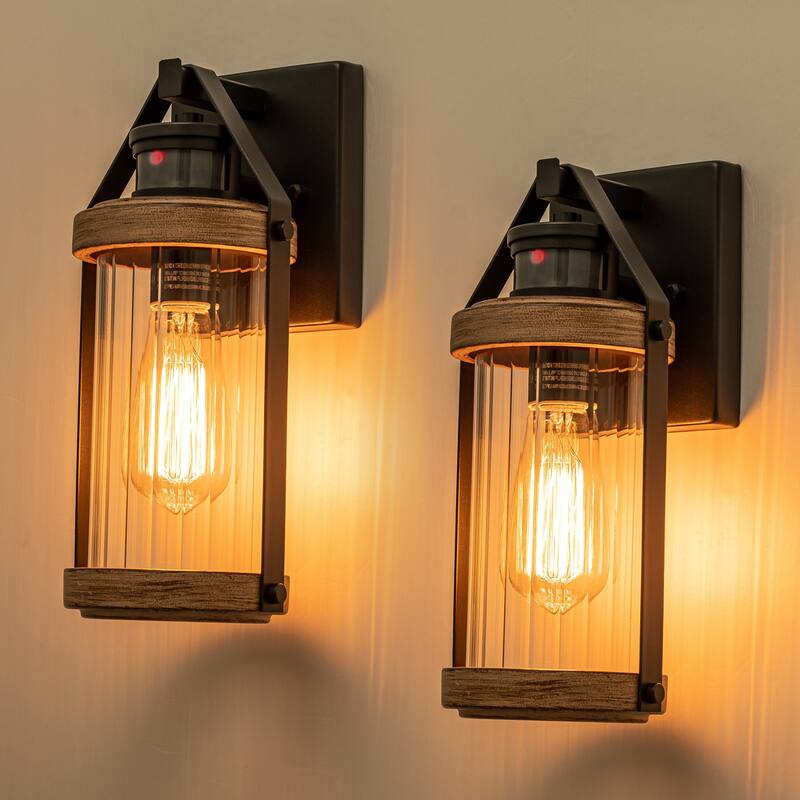 C Cattleya 2-Pack Black and Woodgrain Motion Sensor Dusk to Dawn Outdoor Wall Sconces Light