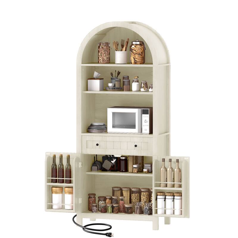 72.8" Tall Farmhouse Arched Kitchen Pantry Storage with Power Outlets and Spice Rack