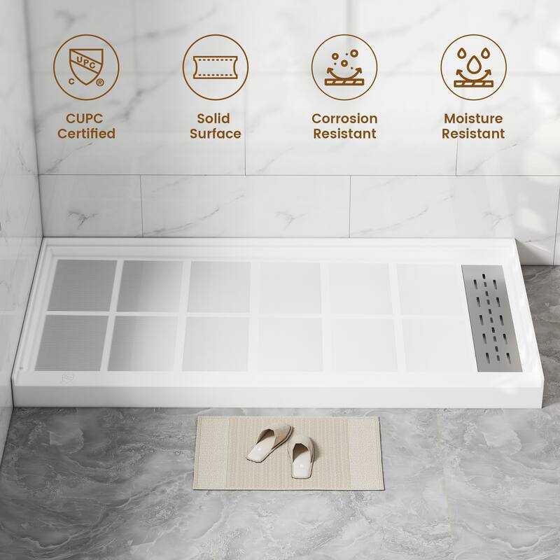 60 in. x 32 in. Elegant White Single Threshold Anti-slip SMC Rectangular Shower Base with Drain and Stainless Steel Drain Cover