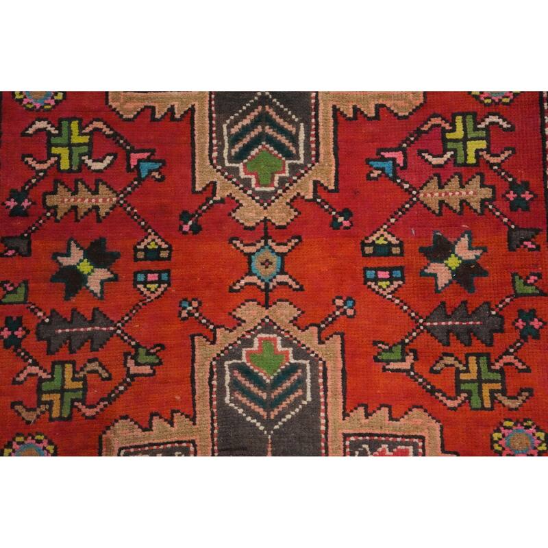 Hand Knotted Oriental 100% Wool Carpet Traditional Geometric Oranges & Rust Heriz Runner Rug - 9' 8'' X 3' 2''