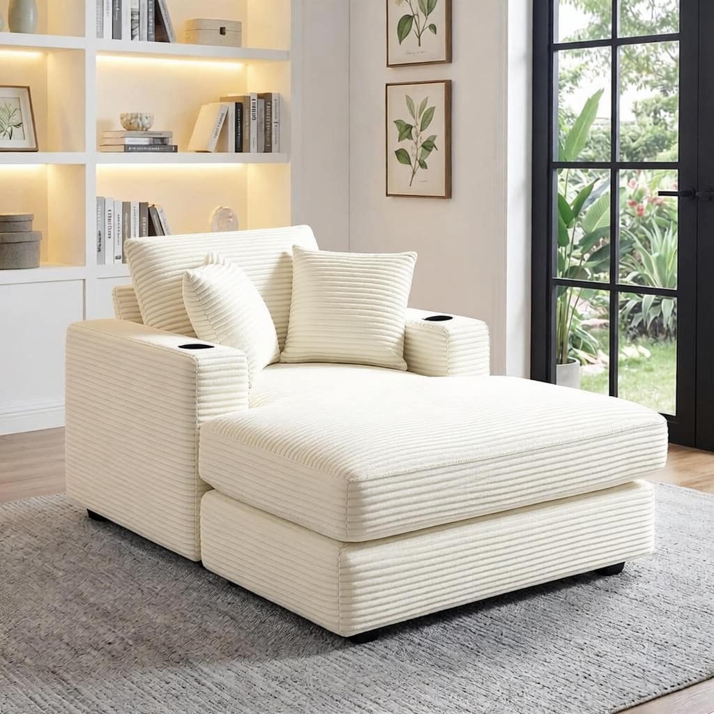 42.9" W Corduroy Chaise Lounge Chair with Pillows and Built-In Cup Holders