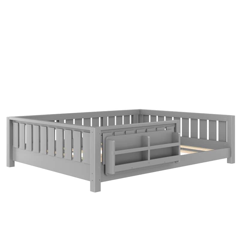 Low Profile Montessori Bed Floor Platform Bed with Fence and Bookshelf