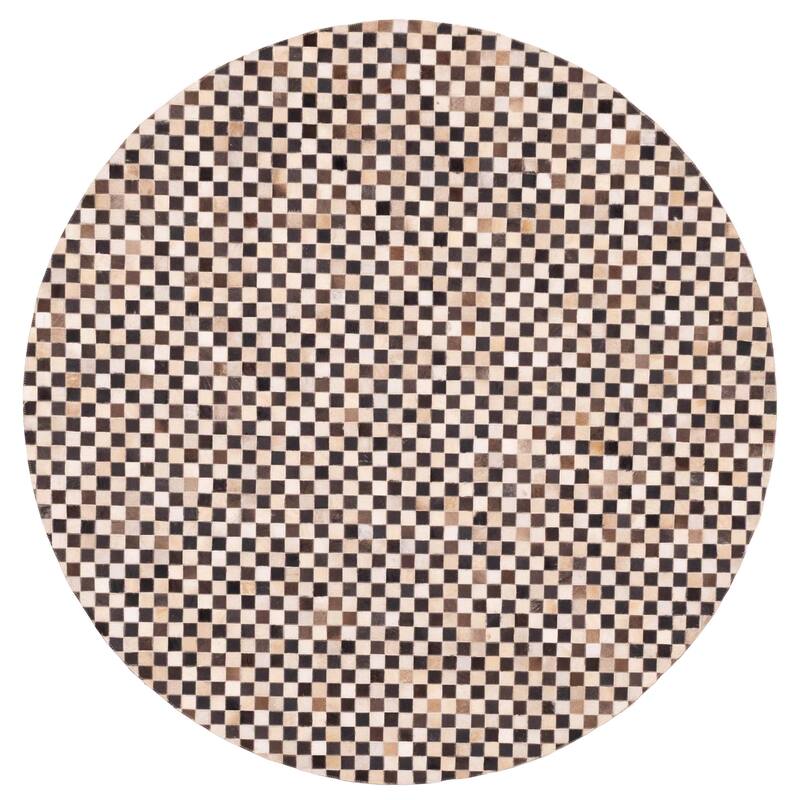 ECARPETGALLERY Handmade Cowhide Patchwork Dark Brown, Ivory Leather Rug - 7' x 7'