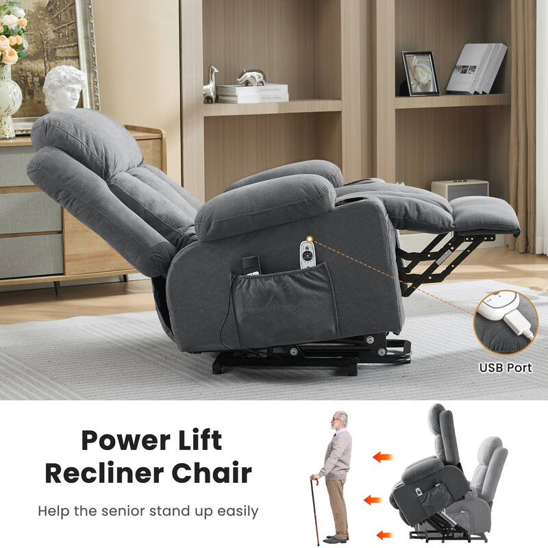 Power Lift Recliner Chair with Heat and Massage Electric Fabric Recliner Chair with Side Pocket, USB Charge Port, Remote Control
