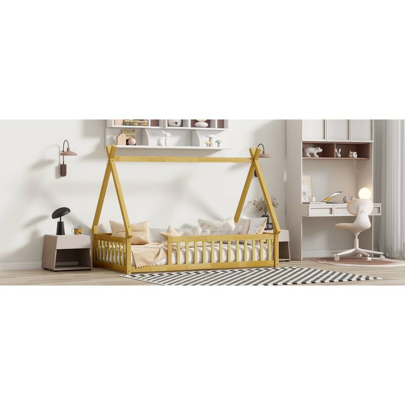 Roomfitters Twin Tent-Shaped Floor Bed with Teepee Frame, Rubber Wood Platform with Guardrails and Slats