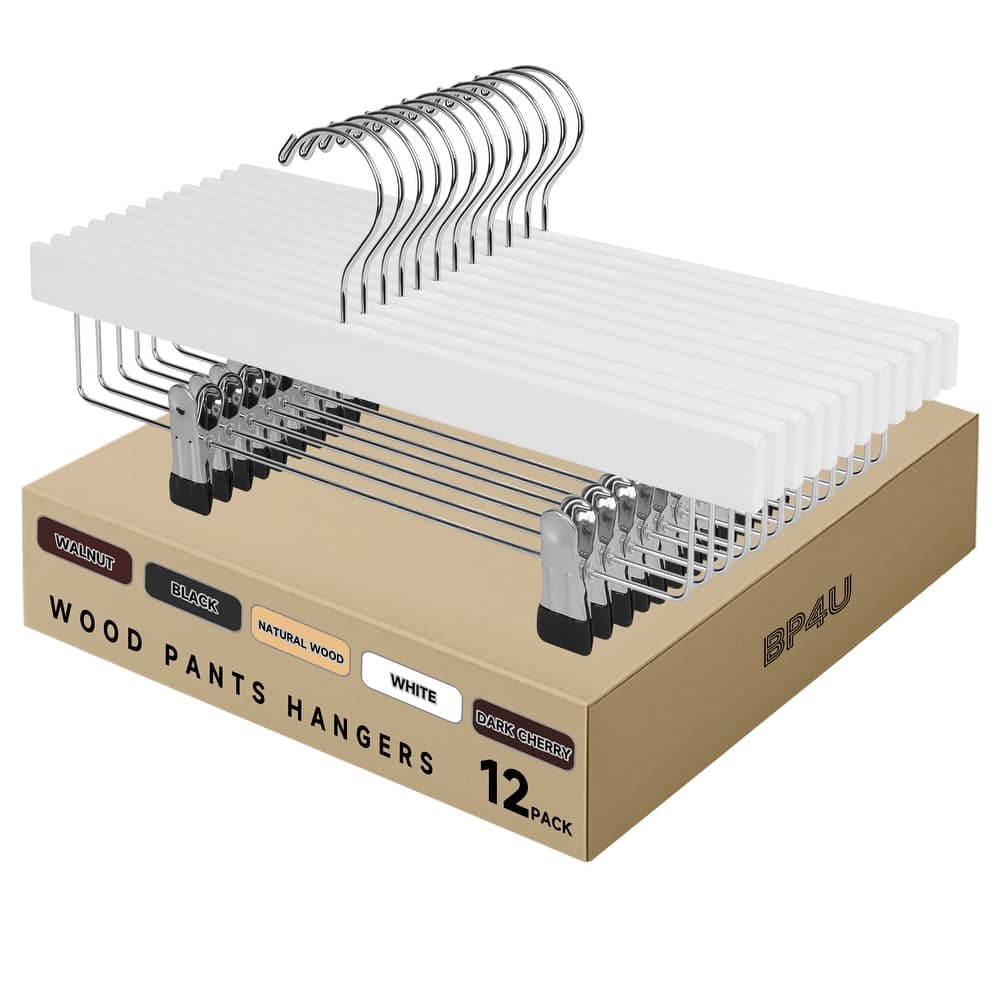 BP4U Premium Wooden Pants Hangers with Adjustable Clips, Solid Wood Skirt Hangers for Jeans, Slacks, Dresses