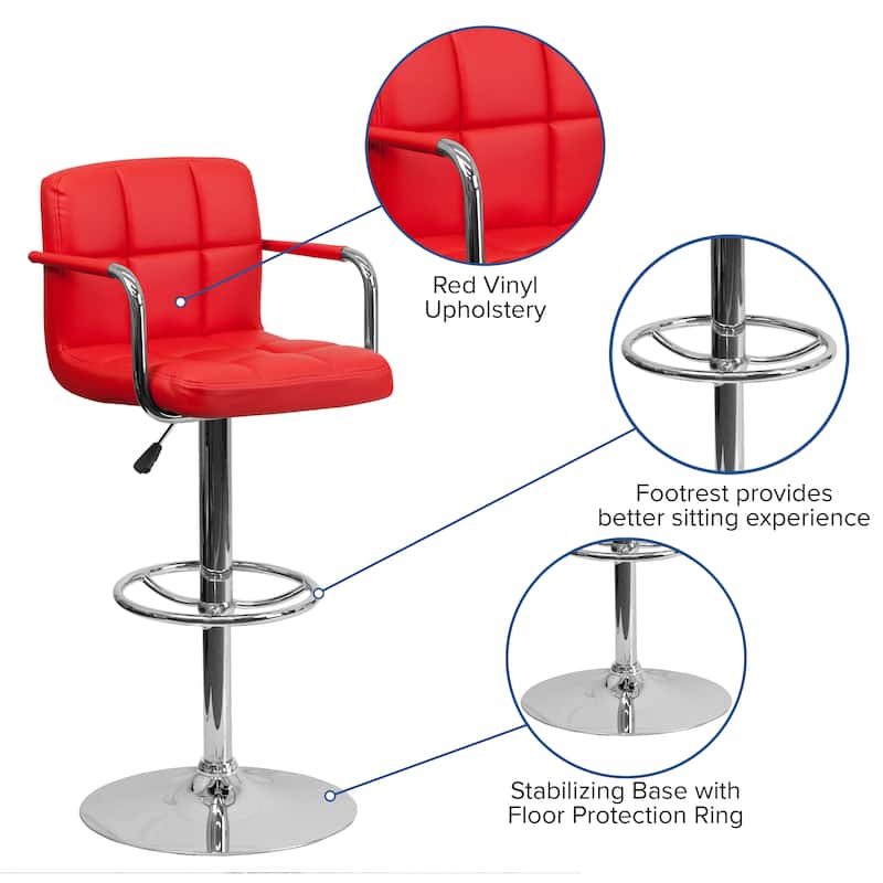 Quilted Vinyl Adjustable Height Barstool with Arms and Chrome Base - 20"W x 18"D x 36.75" - 45.25"H
