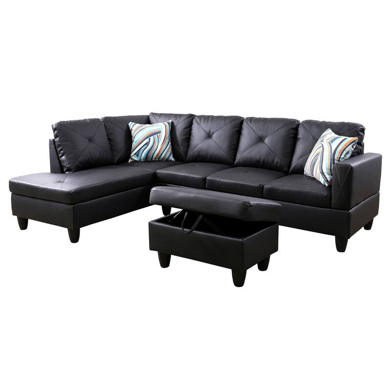 Black Faux Leather 3-Piece Couch Living Room Sofa Set - Black