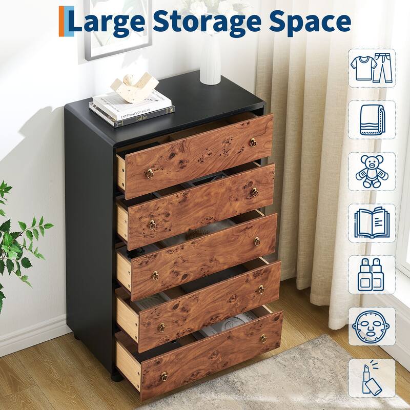 5 Drawers Dresser, Modern Chest of Drawers with Vintage Circle Handle and Curved Profile Design