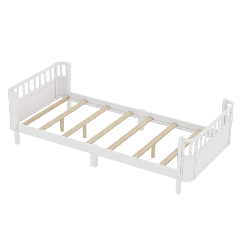 Multi Size Low Platform Bed for Kids with Rounded Corners Guardrails, Detachable Right-side Fence and Open Left-side Design