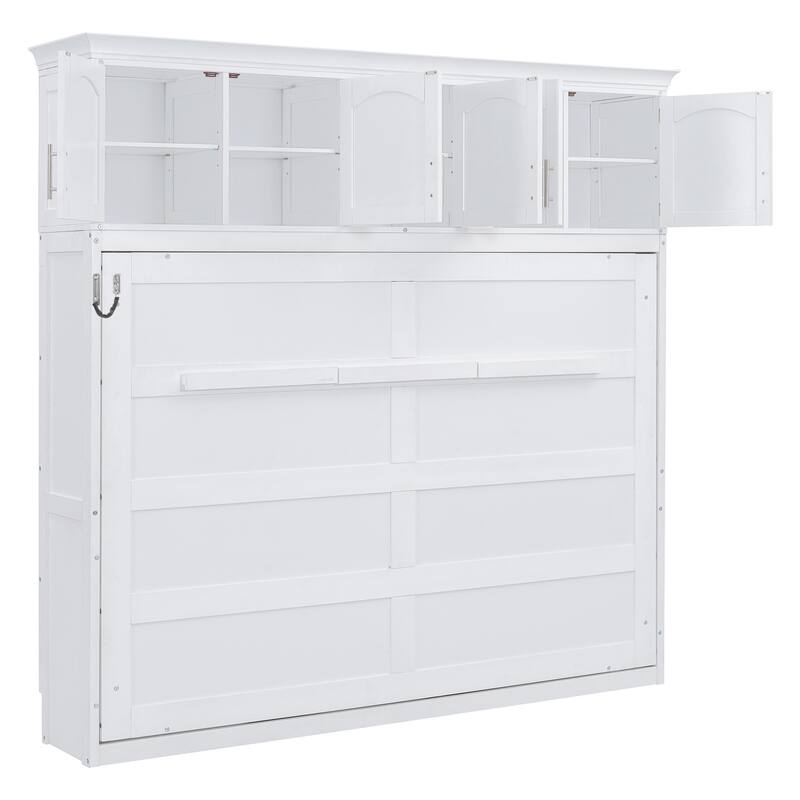 White Queen Size Wall Bed with Top Cabinets - Space Saving Foldable Murphy Bed for Guest Room