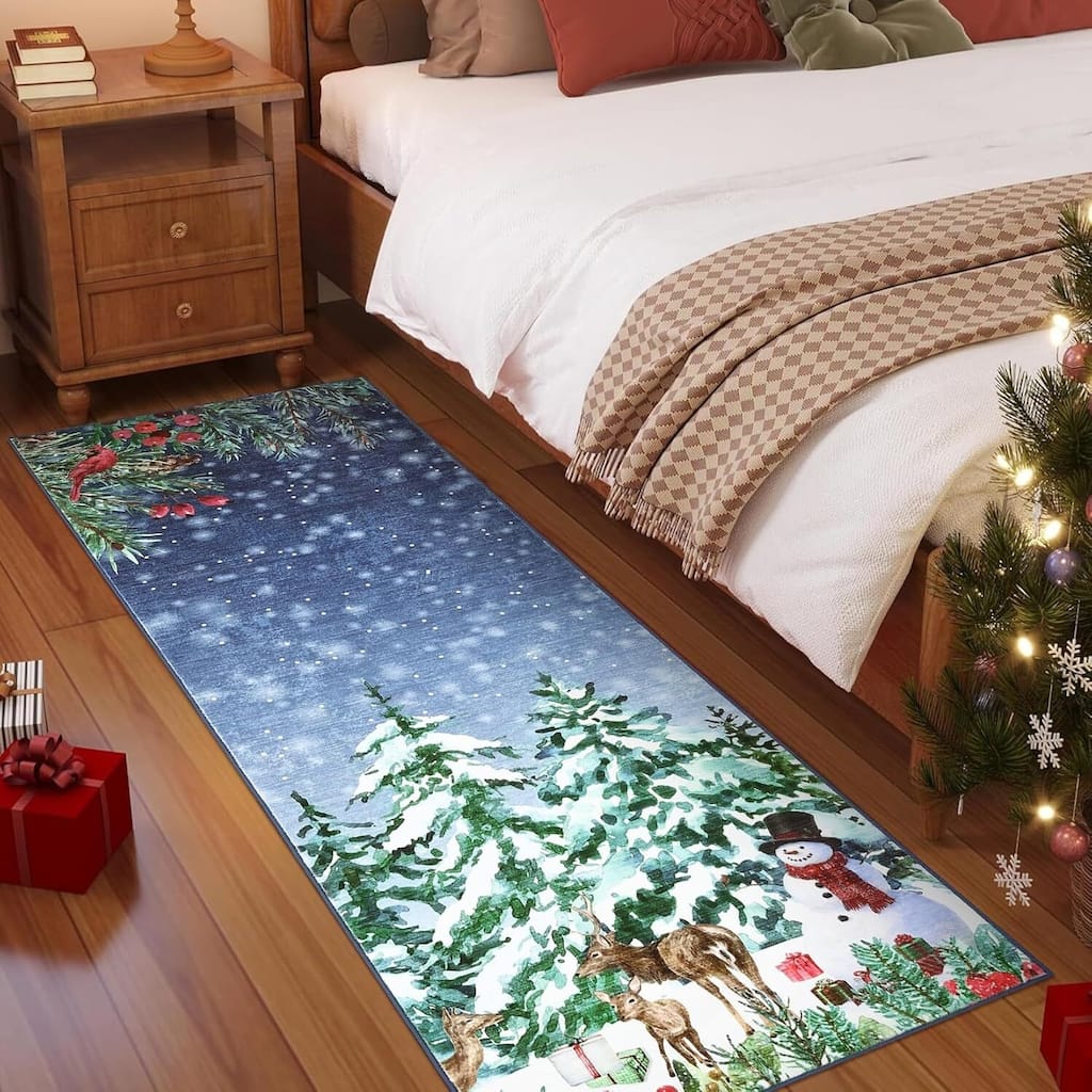 Christmas Eve Blue Xmas Area Rug, for Living Room Bedroom Office Holiday Decor
